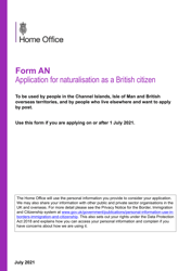Form AN &quot;Application for Naturalisation as a British Citizen&quot; - United Kingdom