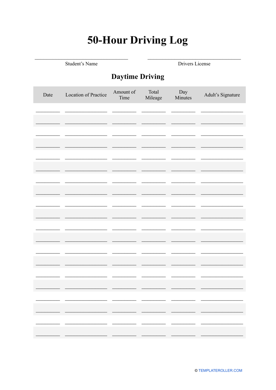 50 Hour Driving Log Sheet Template - Preview Image