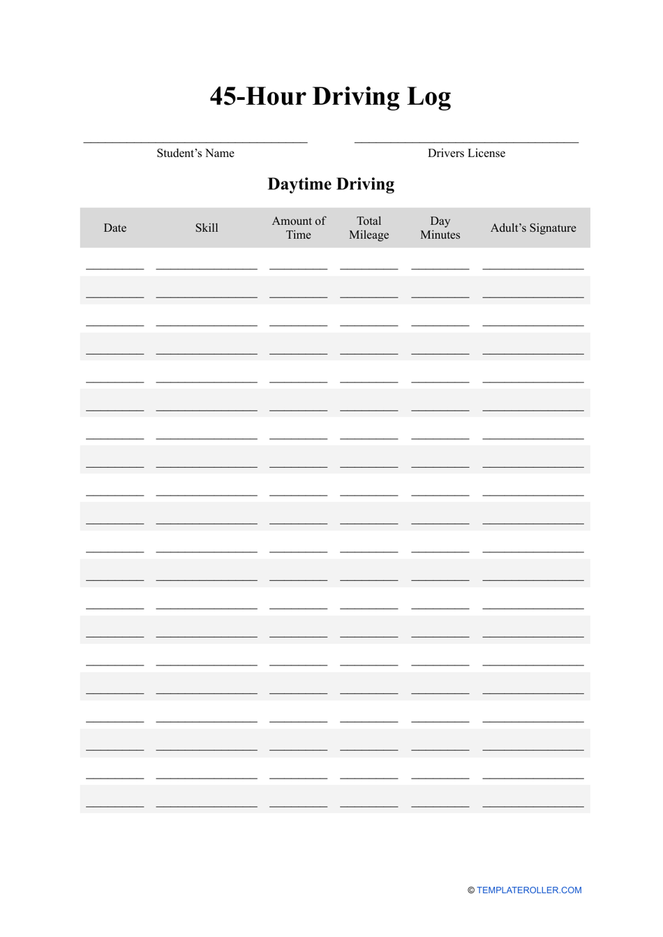 45 Hour Driving Log Sheet Template Preview Image