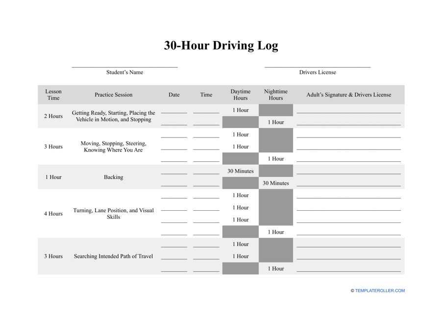 30 Hour Driving Log Sheet Template