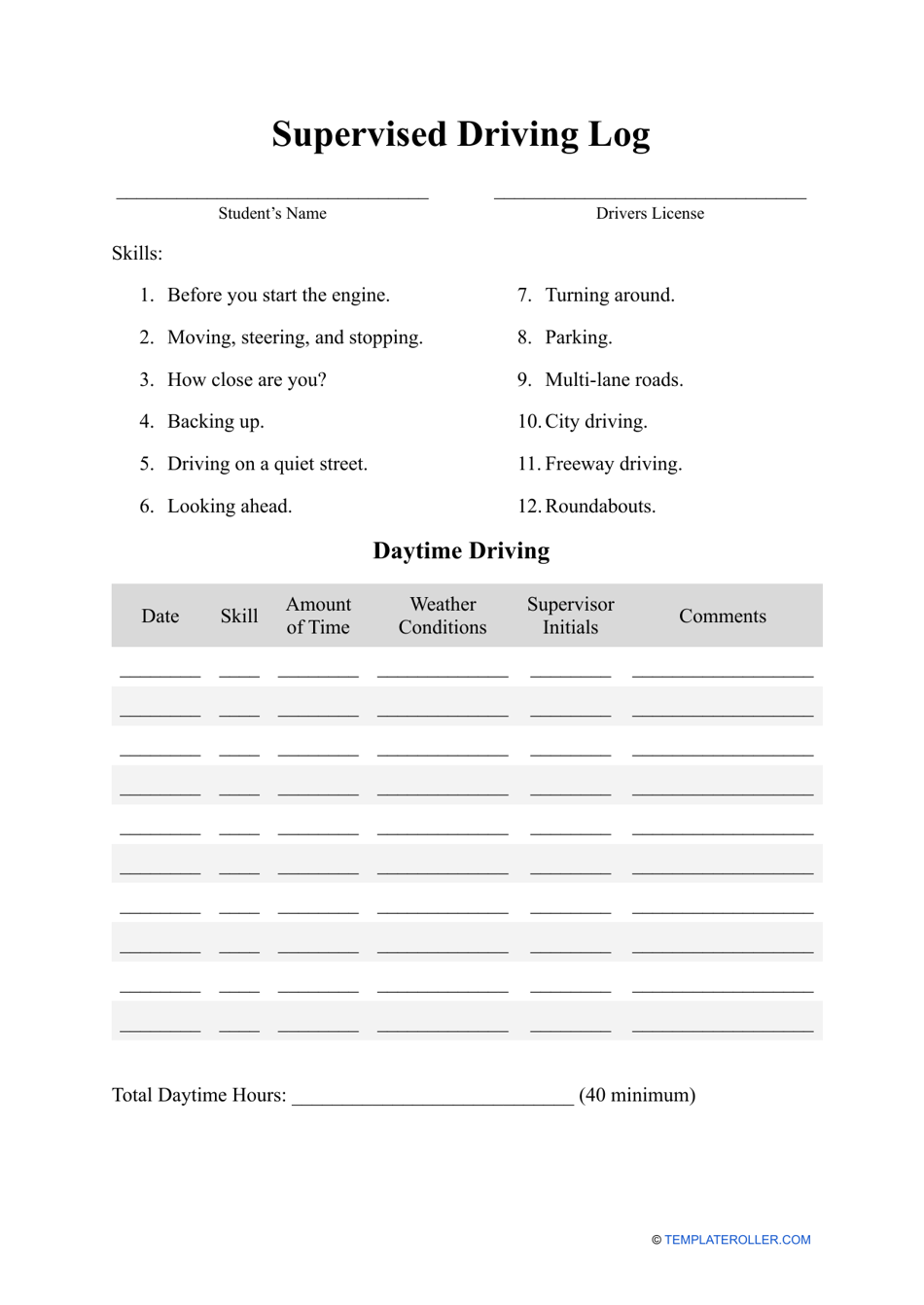 Supervised Driving Log Template - Easily keep track of supervised driving hours