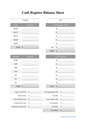 Document preview: Cash Register Balance Sheet Template