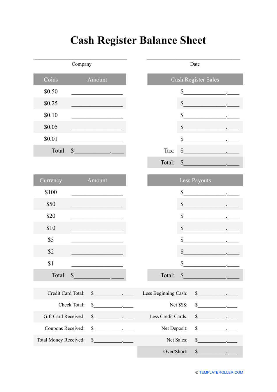Cash Register Balance Sheet Template Download Printable Pdf Templateroller