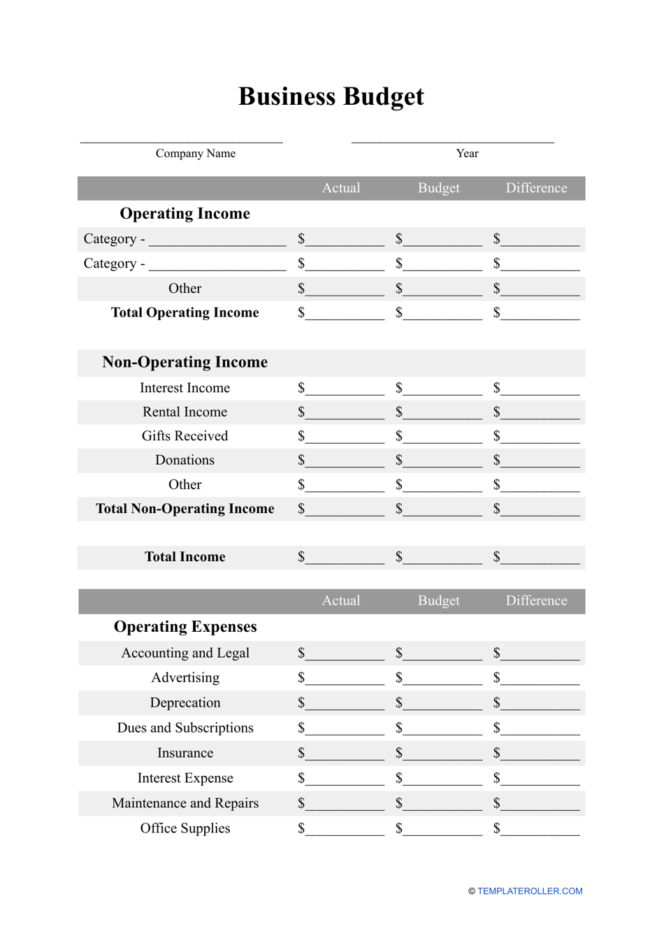 Business Budget Template, Page 1