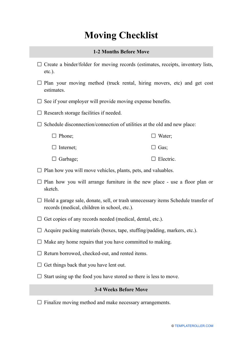 Moving Checklist Template Download Printable PDF Templateroller