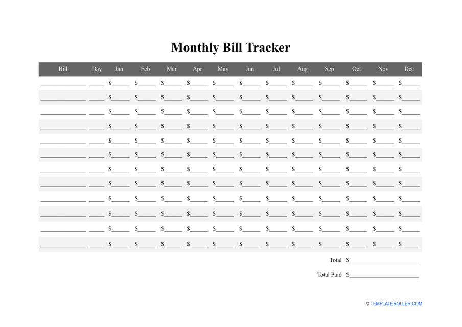 Monthly Bill Tracker Template - Fill Out, Sign Online and Download PDF