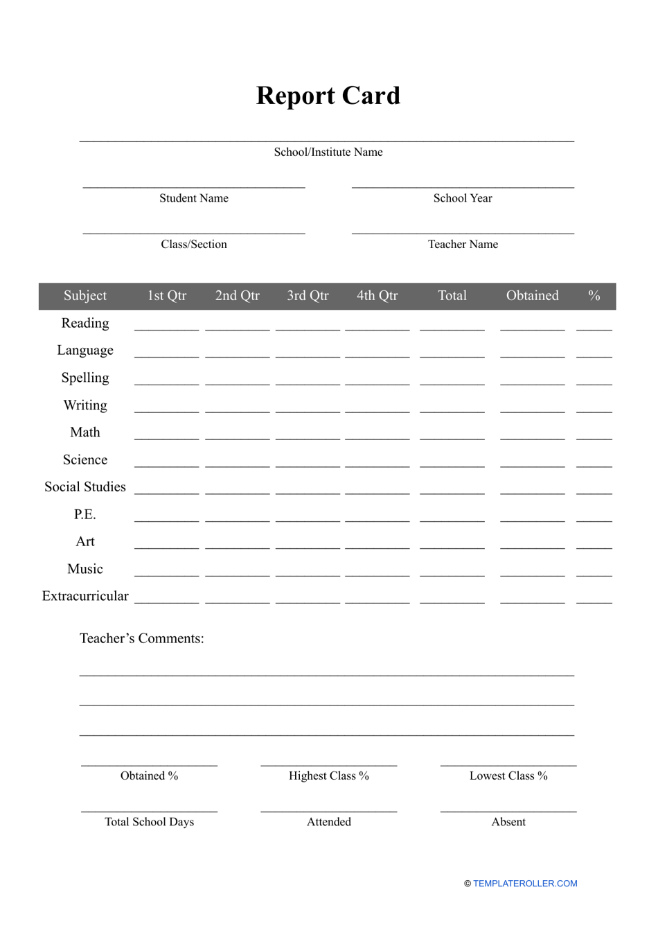 Report Card Template Download Printable PDF  Templateroller With Report Card Template Middle School