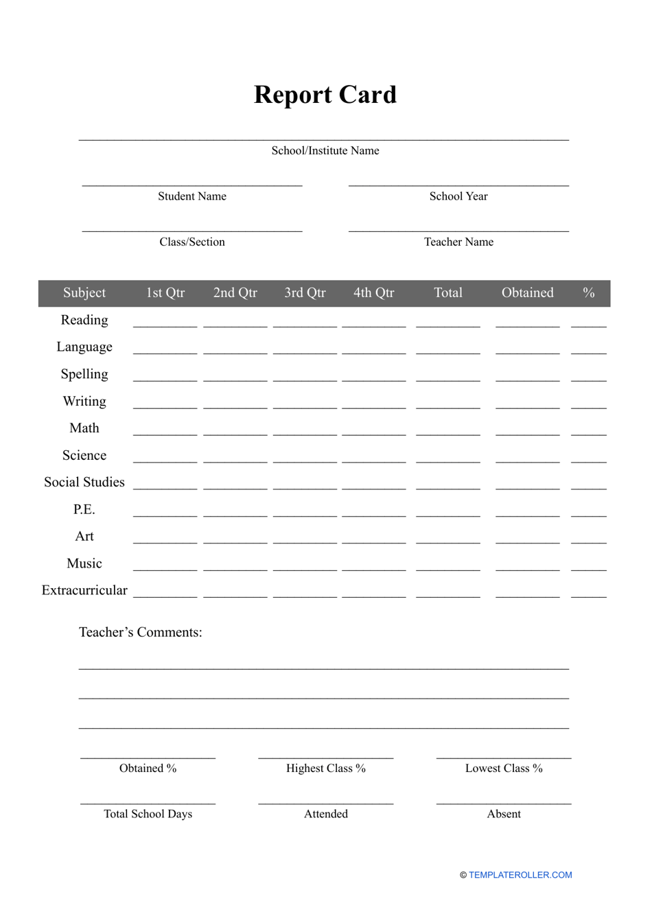 Report Card Template Download Printable PDF  Templateroller