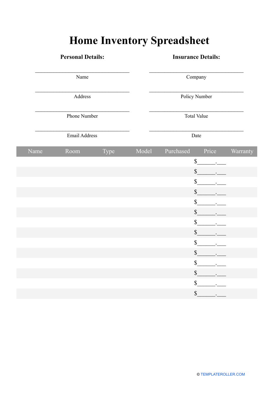 Home Inventory Spreadsheet Template Preview