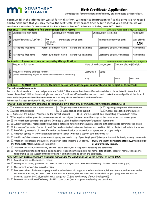 &quot;Birth Certificate Application Form&quot; - Minnesota Download Pdf