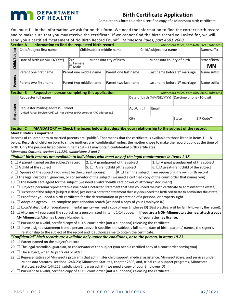 Birth Certificate Application Form - Minnesota, Page 1