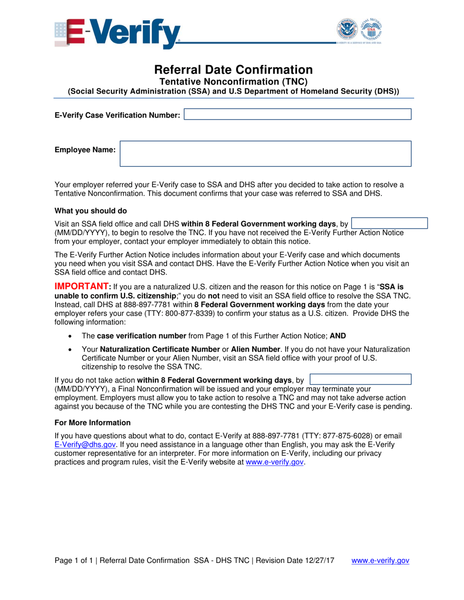 Referral Date Confirmation Tentative Nonconfirmation (Tnc): Social Security Administration (Ssa) and U.s Department of Homeland Security (DHS), Page 1