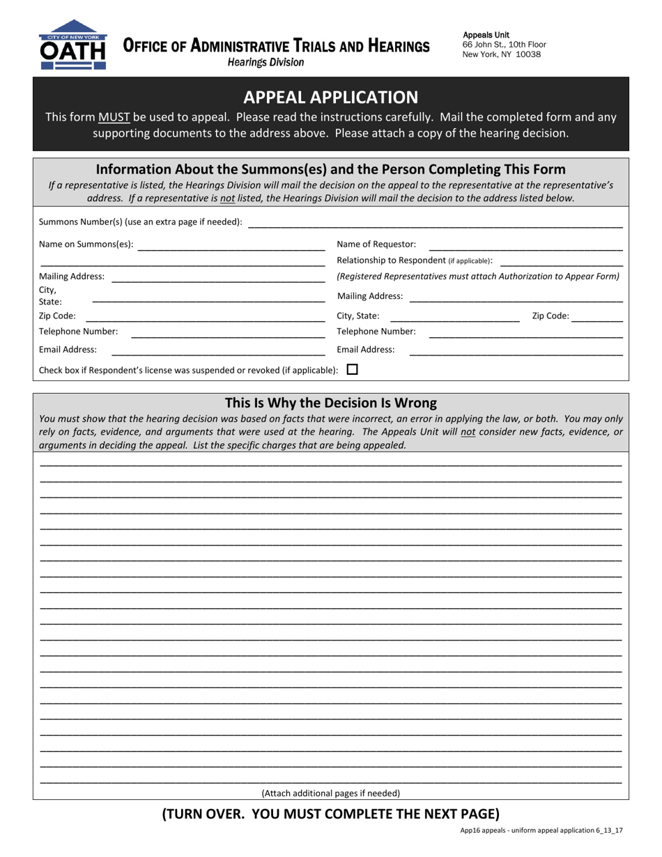 Form APP16 Appeal Application - New York City, Page 1