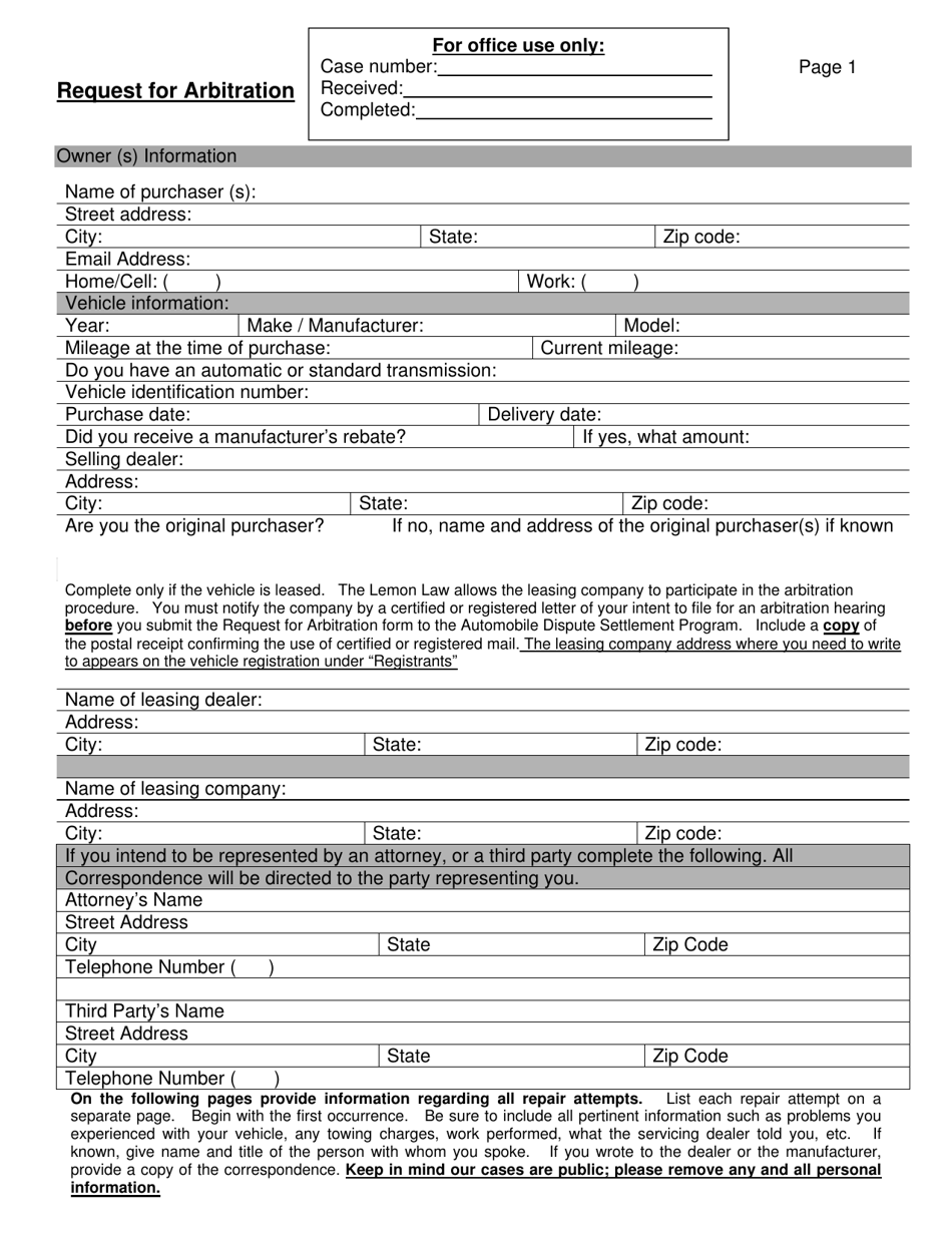 Request for Arbitration - Automobile Dispute Settlement Program - Connecticut, Page 2