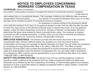 Document preview: Notice 6 Notice to Employees Concerning Workers' Compensation in Texas - Texas