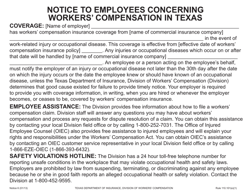 Notice 6 Notice to Employees Concerning Workers' Compensation in Texas - Texas