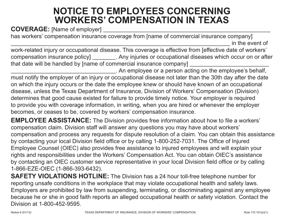 Notice 6 Notice to Employees Concerning Workers Compensation in Texas - Texas, Page 1