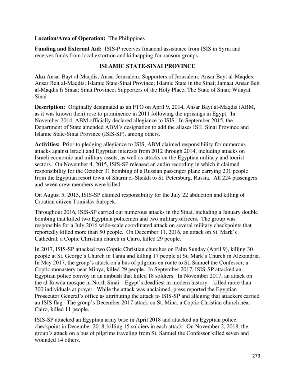 Country Reports on Terrorism, Page 274