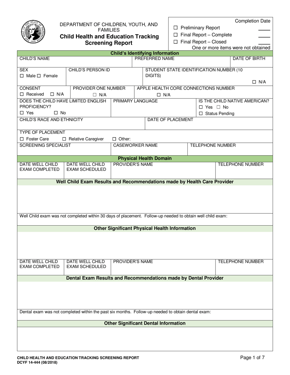 DCYF Form 14-444 Child Health and Education Tracking Screening Report - Washington, Page 1