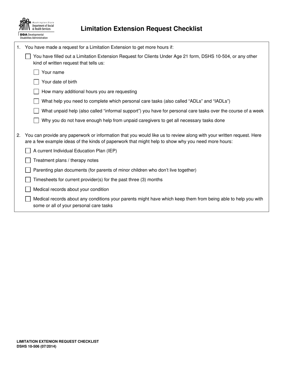 DSHS Form 10-506 Limitation Extension Request Checklist - Washington, Page 1