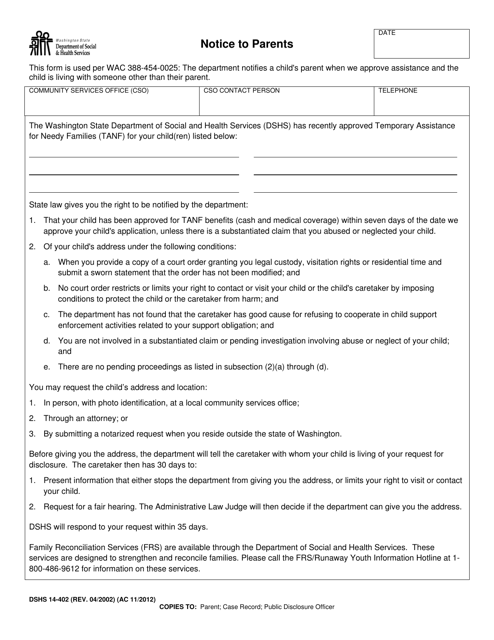 DSHS Form 14-402  Printable Pdf