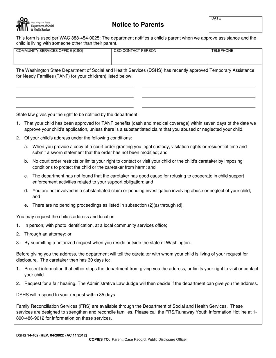 DSHS Form 14-402 Notice to Parents - Washington, Page 1