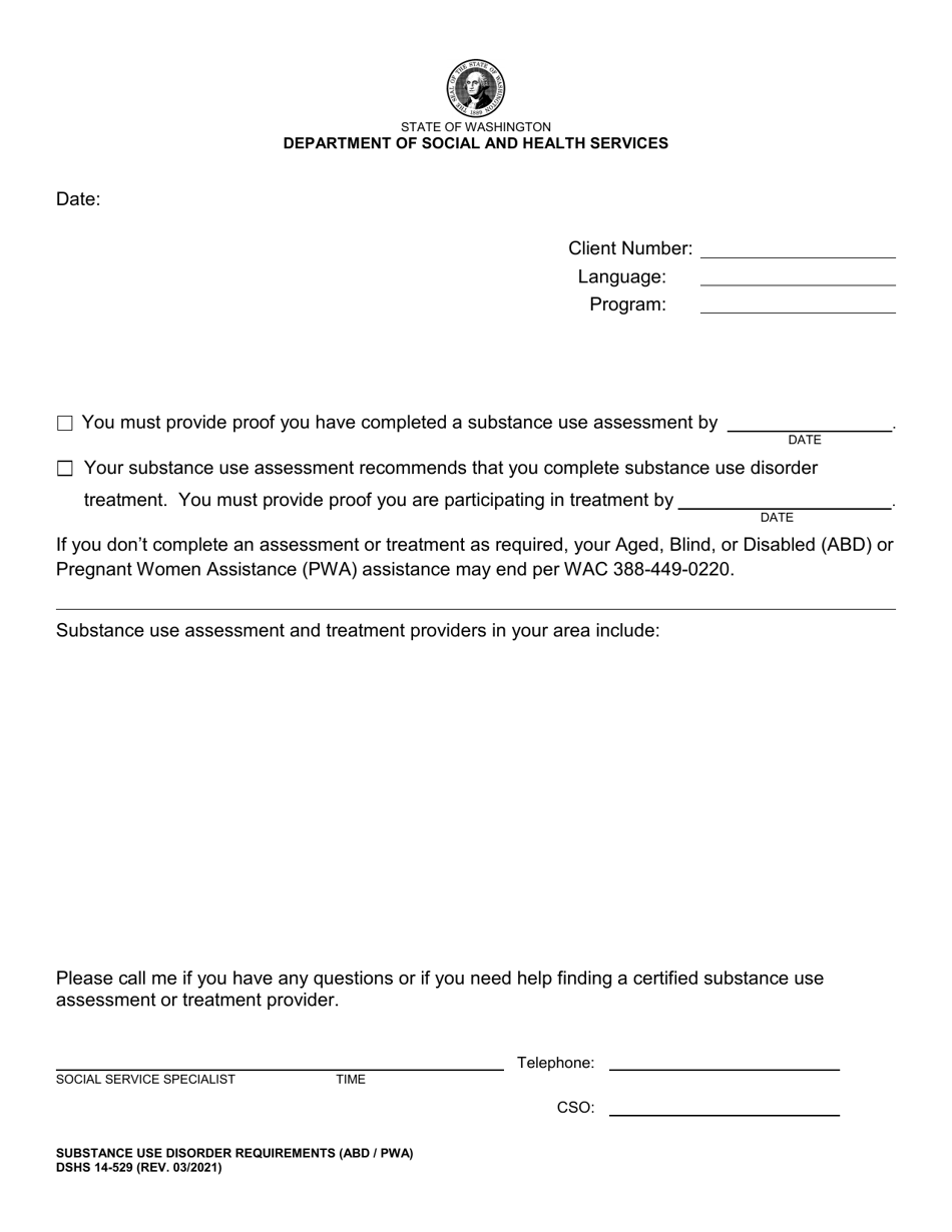 DSHS Form 14-529 Substance Use Disorder Requirements (Abd / Pwa) - Washington, Page 1