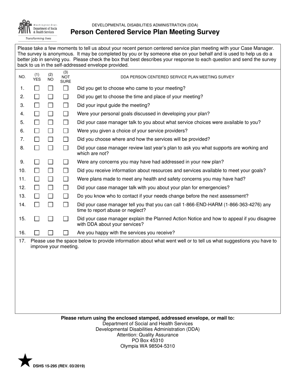 DSHS Form 15-295 Person Centered Service Plan Meeting Survey - Washington, Page 1