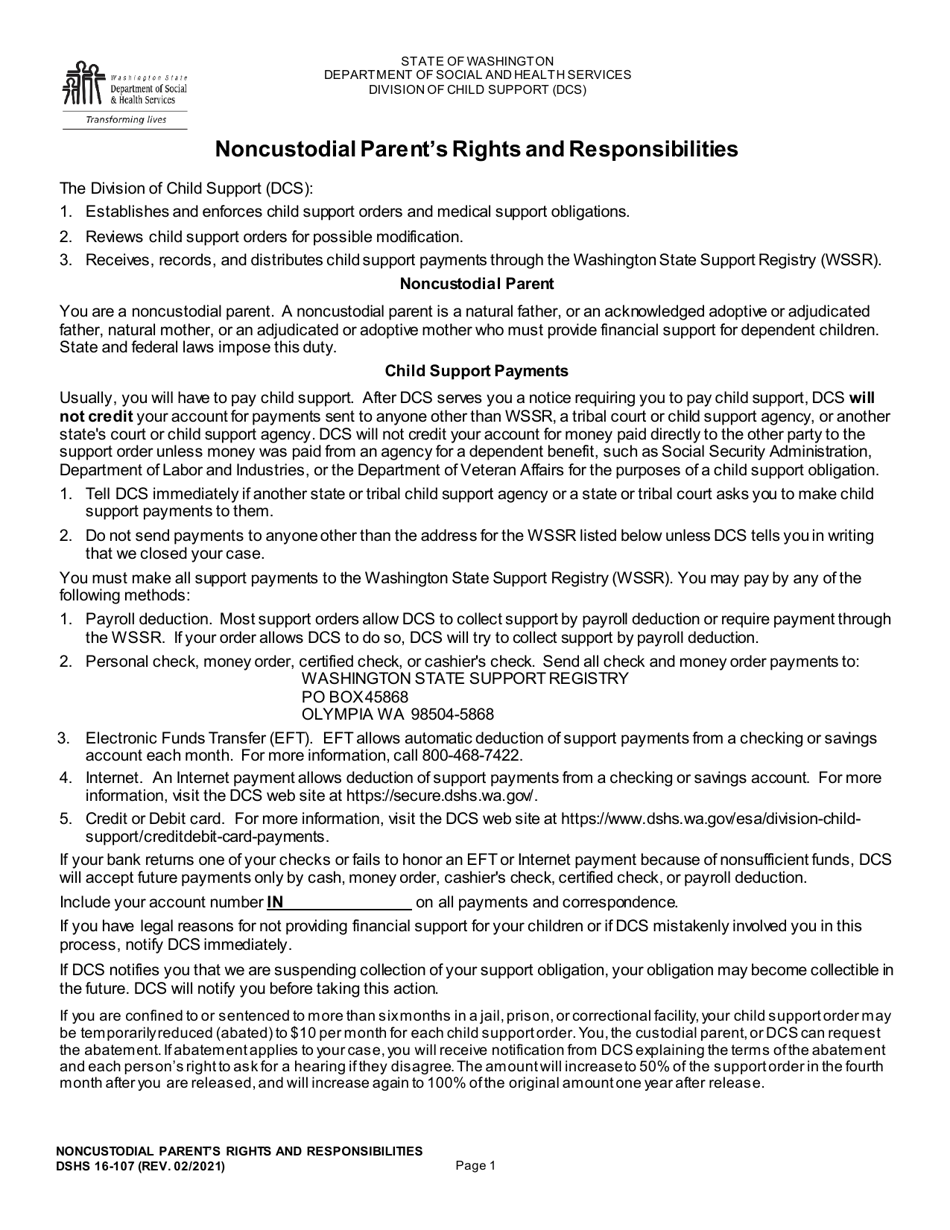 DSHS Form 16-107 Noncustodial Parents Rights and Responsibilities - Washington, Page 1