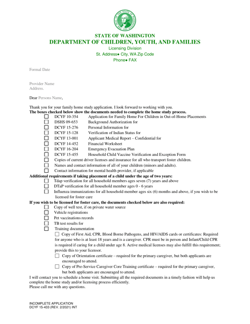 DCYF Form 15-433  Printable Pdf