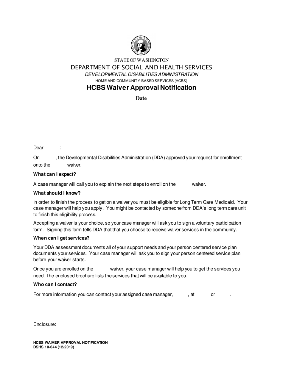 DSHS Form 10-644 Home and Community-Based Services (Hcbs) Waiver Approval Notification - Washington, Page 1