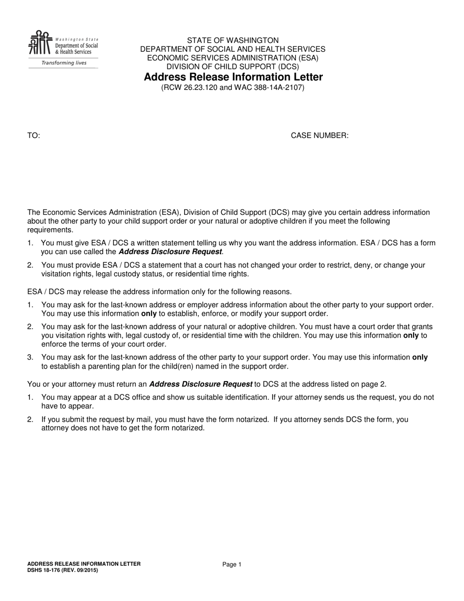 DSHS Form 18-176 Address Release Information Letter - Washington, Page 1