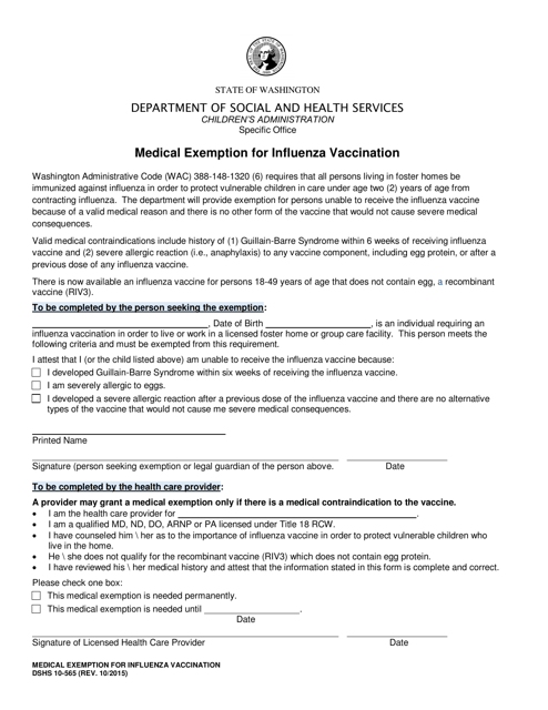 DSHS Form 10-565 Medical Exemption for Influenza Vaccination - Washington