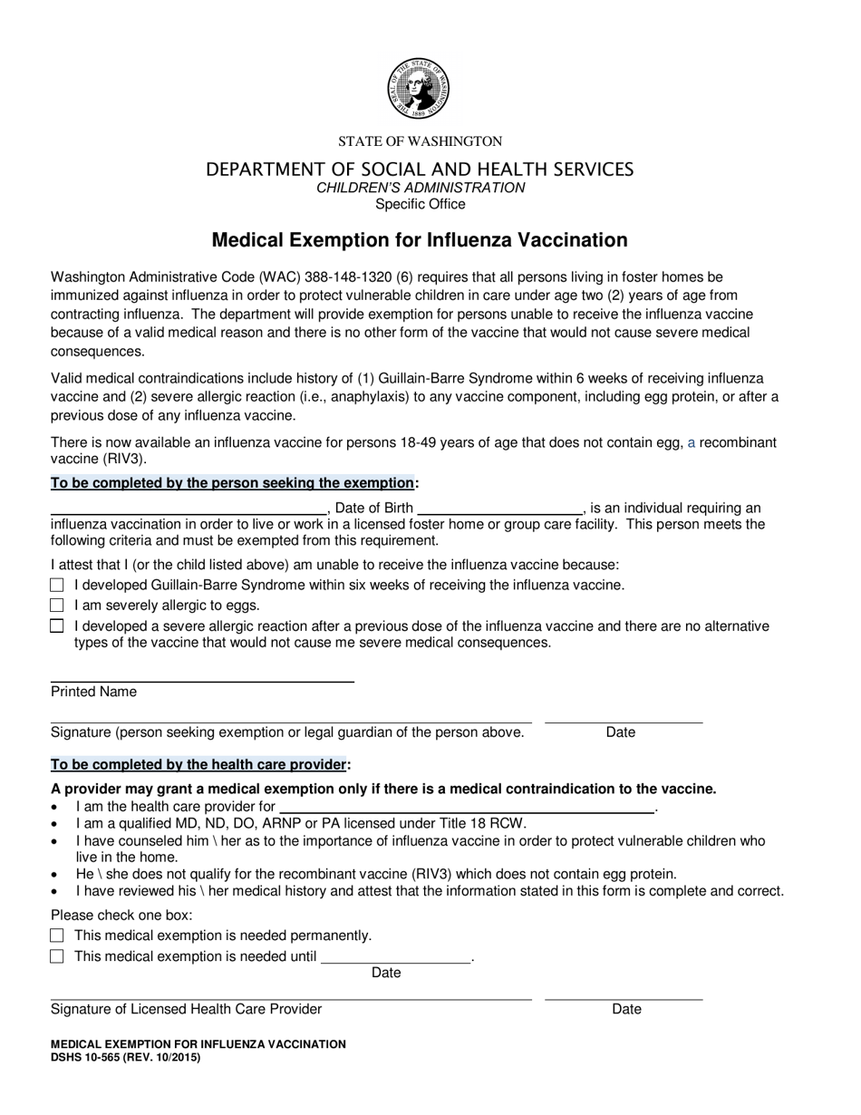 DSHS Form 10-565 Medical Exemption for Influenza Vaccination - Washington, Page 1