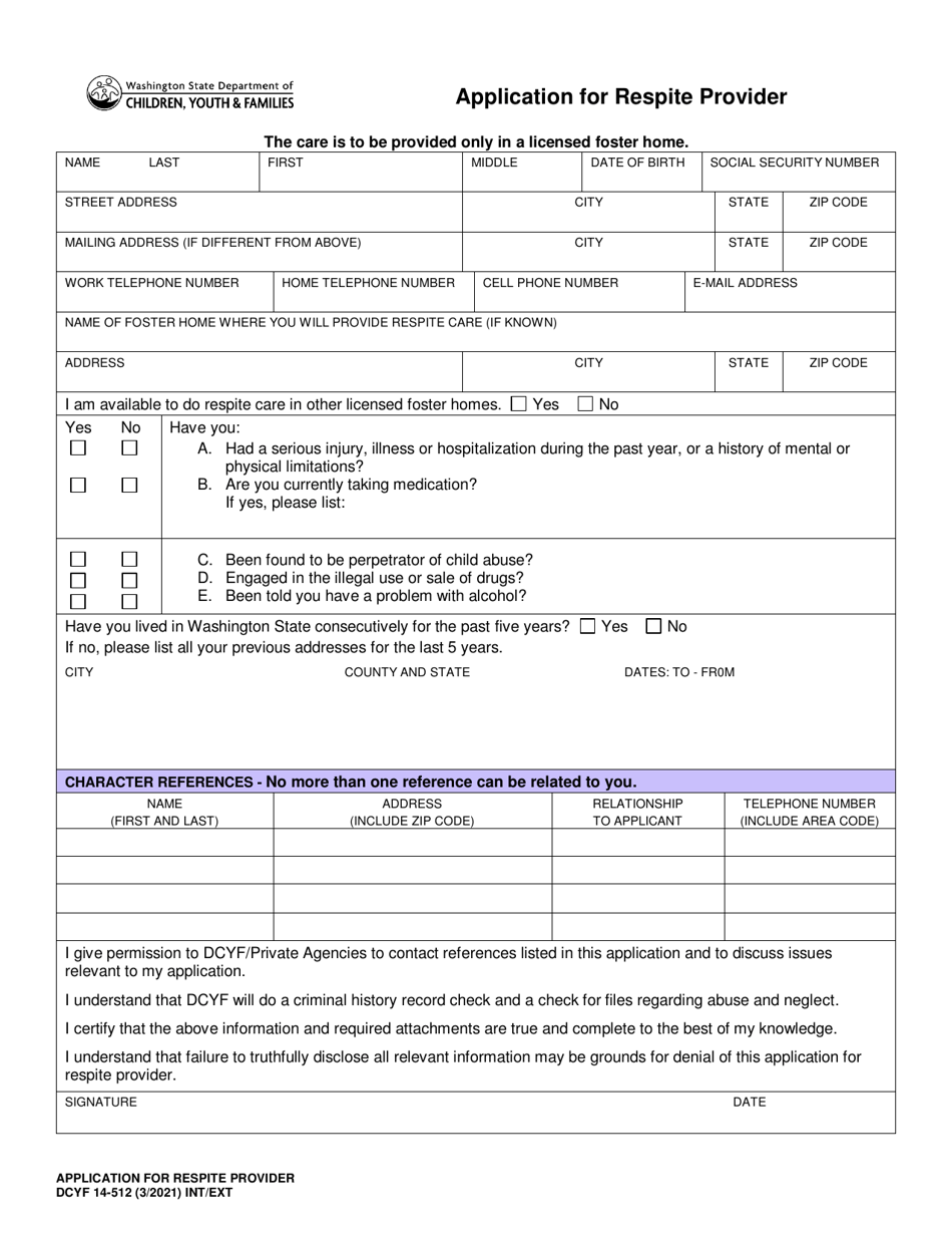 DCYF Form 14-512 Application for Respite Provider - Washington, Page 1