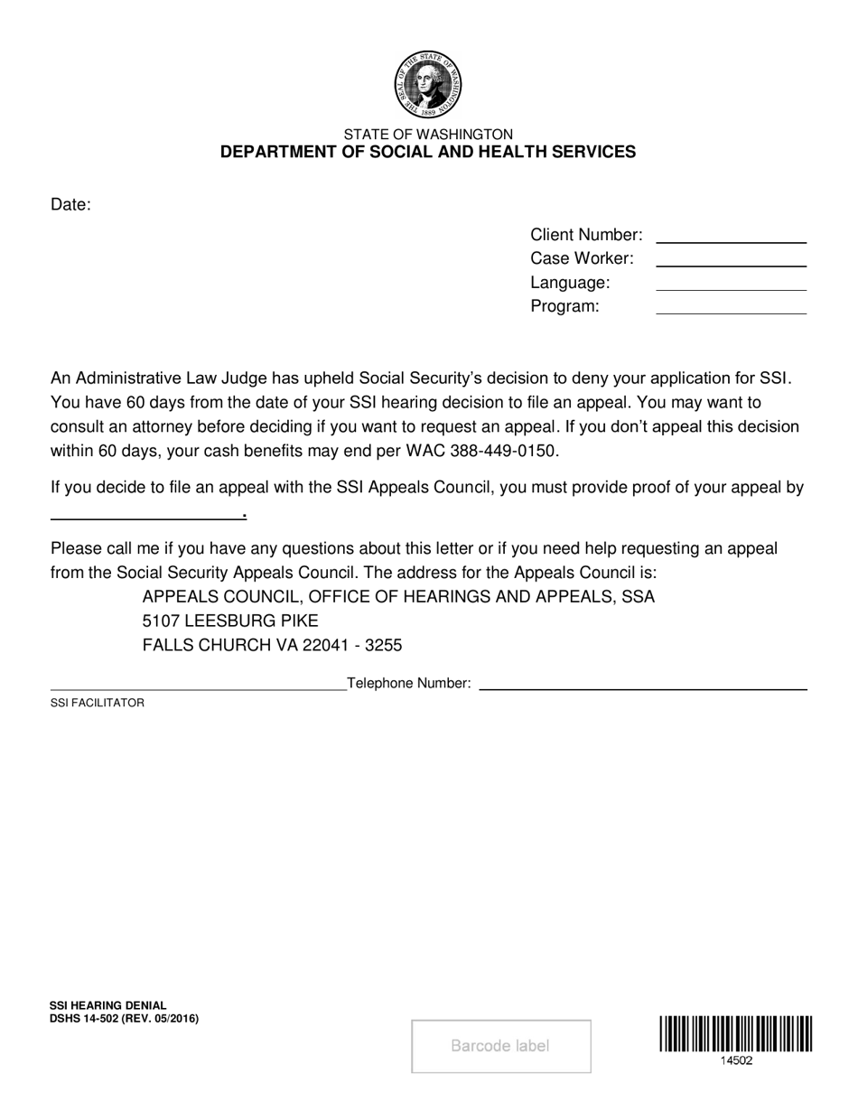 DSHS Form 14-502 Ssi Hearing Denial - Washington, Page 1