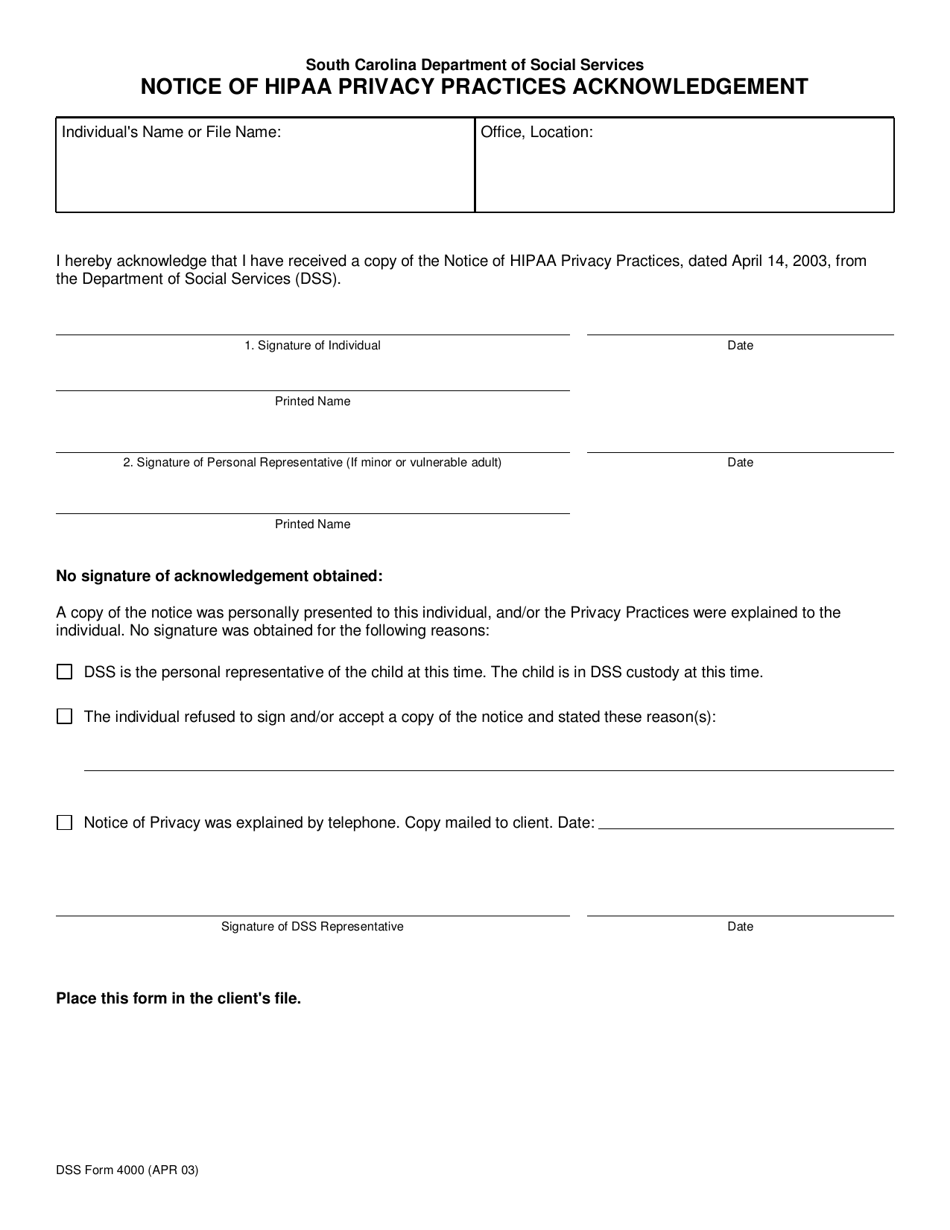 DSS Form 4000 Notice of HIPAA Privacy Practices Acknowledgement - South Carolina, Page 1