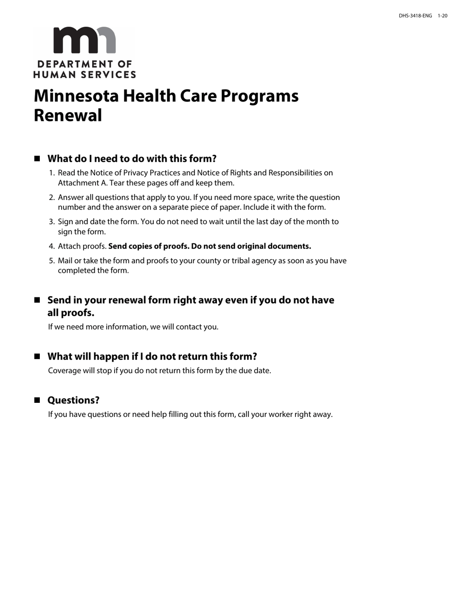 Form DHS-3418-ENG Minnesota Health Care Programs Renewal - Minnesota, Page 1