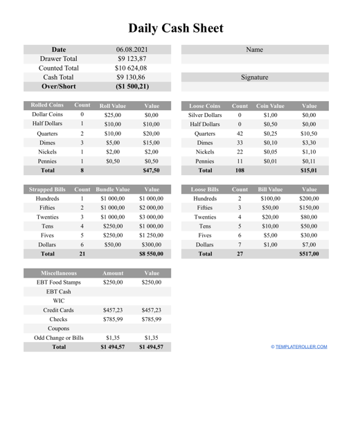 Daily Cash Sheet Template - Different Tables