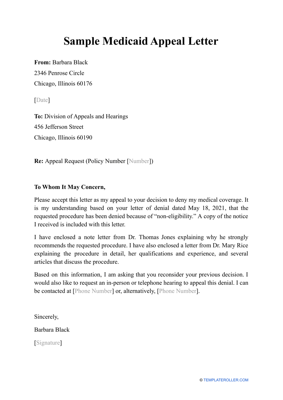Sample Medicaid Appeal Letter, Page 1