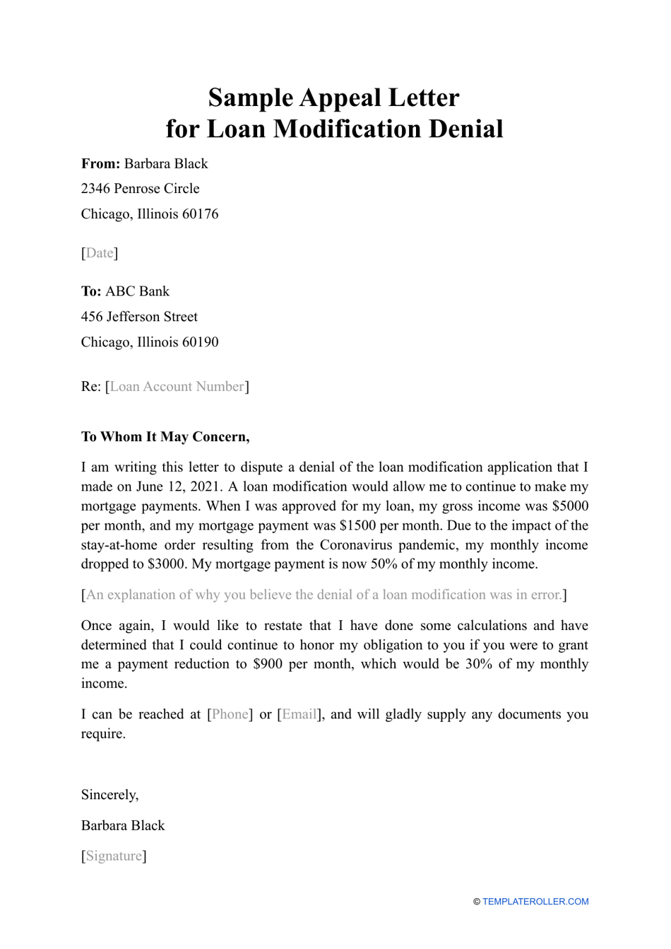 Sample Appeal Letter for Loan Modification Denial Download Printable PDF Templateroller