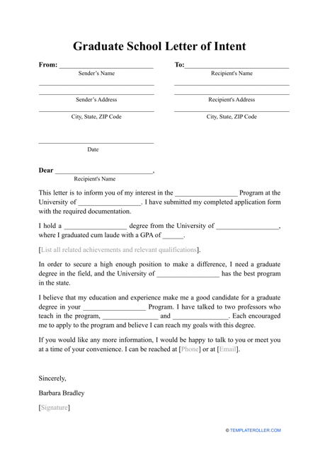 Graduate School Letter of Intent Template - Free Sample