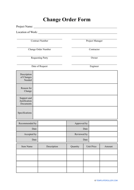 Change Order Form Template - Fill Out, Sign Online and Download PDF ...