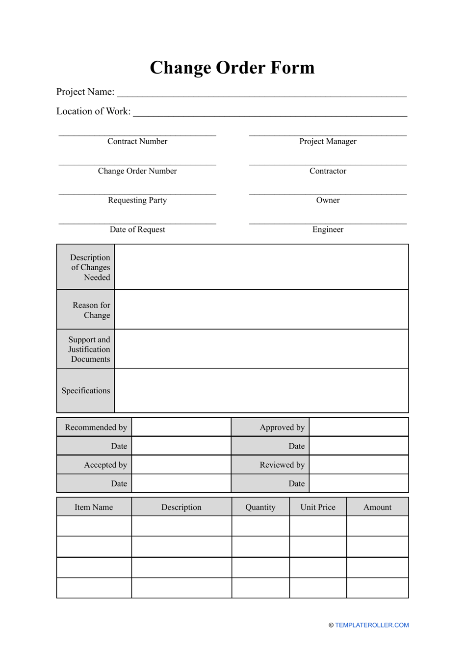 Change Order Form Template, Page 1