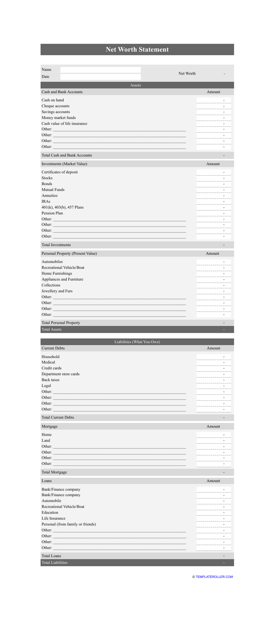 Net Worth Statement Template Download Printable PDF Templateroller