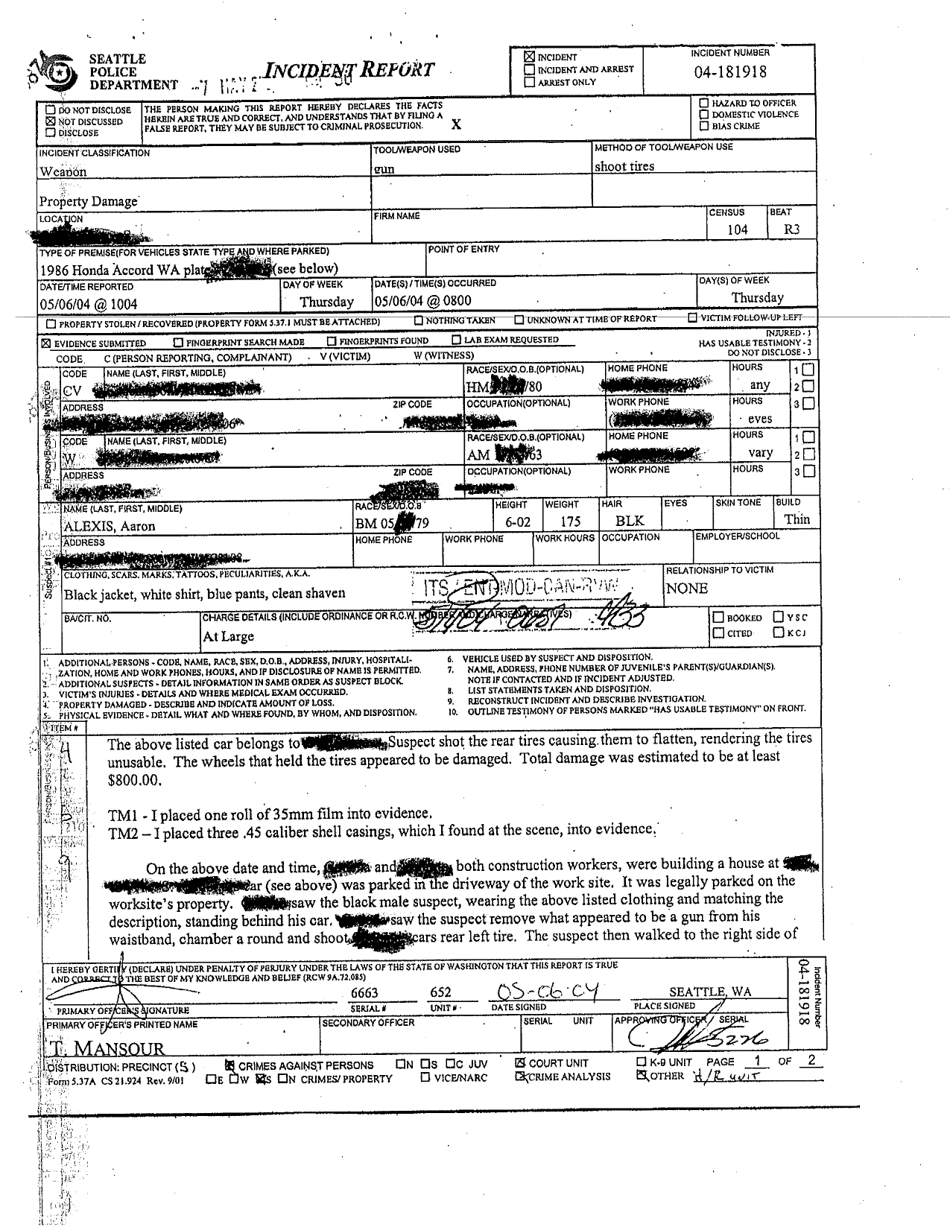 Aaron Alexis Incident Report - Washington, Page 1
