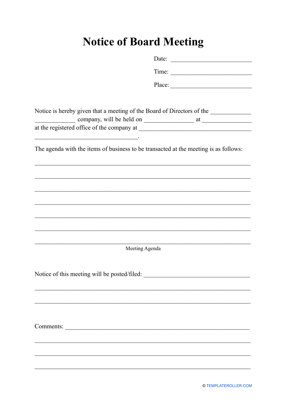 Notice of Board Meeting Template, Page 1