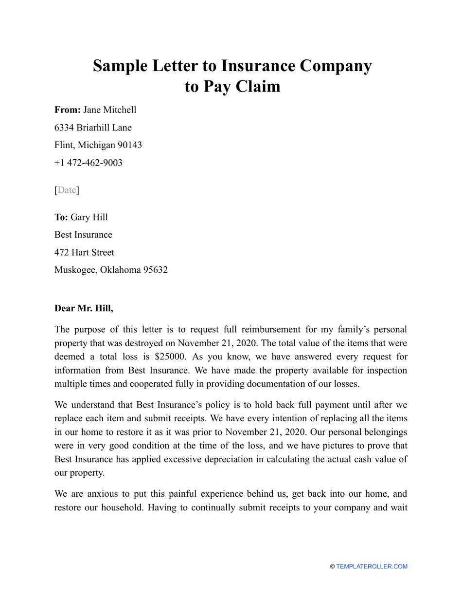 Sample Letter to Insurance Company to Pay Claim Download Printable PDF