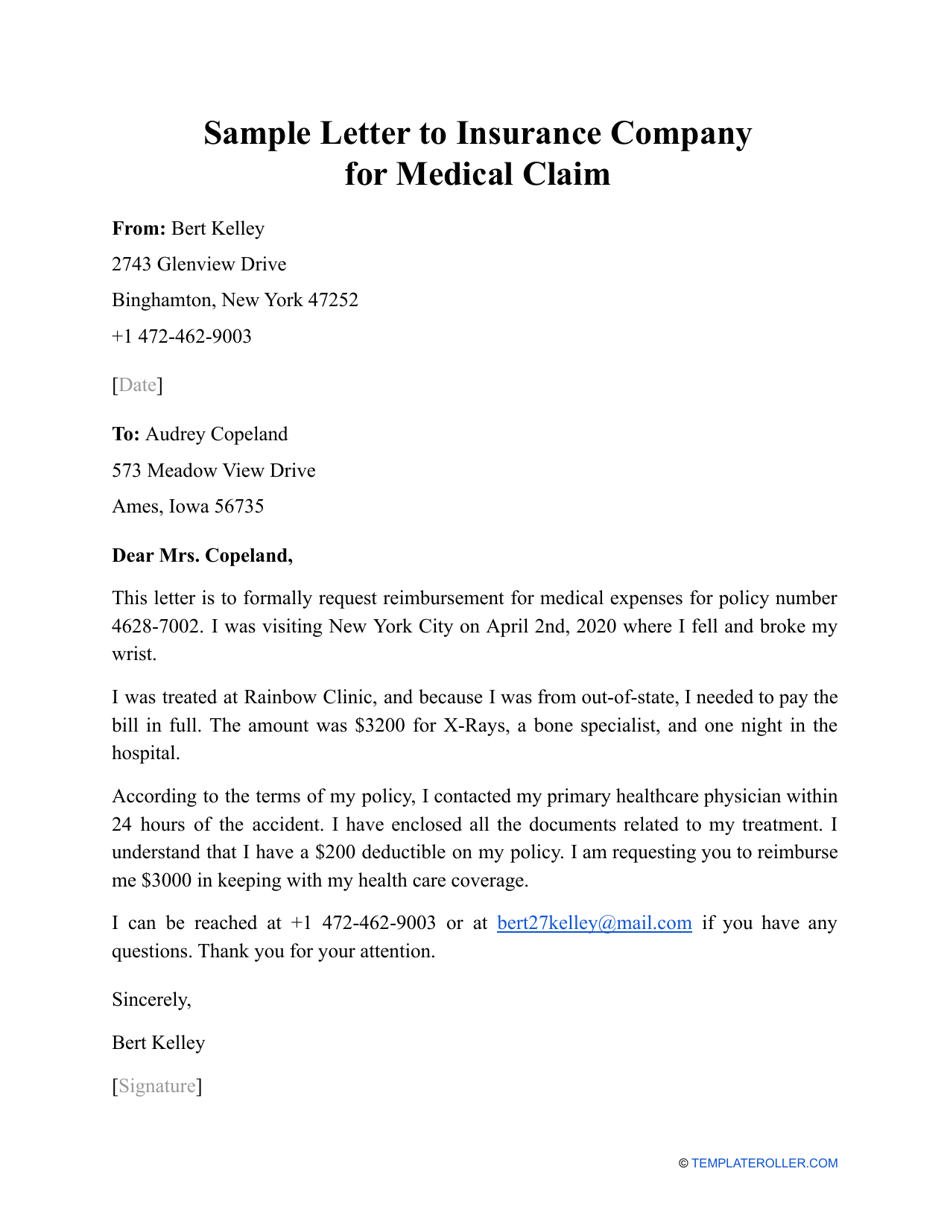 Sample Letter to Insurance Company for Medical Claim Fill Out, Sign