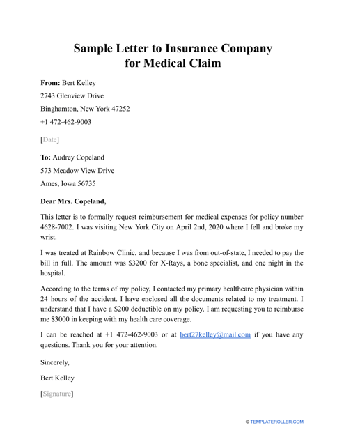 Sample Letter to Insurance Company for Medical Claim